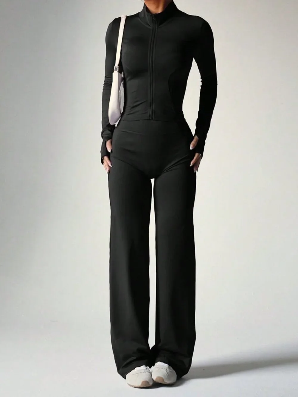 Black Casual Women's Long Sleeve Top + Loose Wide Leg Pants Yoga Outfit Sports